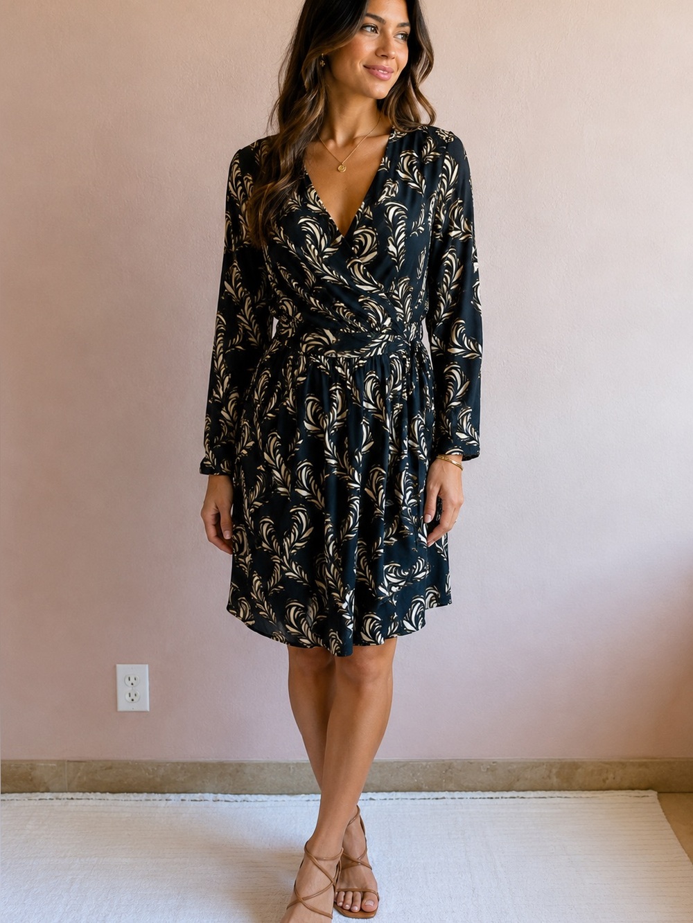 MANGO Black Dress with Cream Feather Print - Long Sleeve Wrap